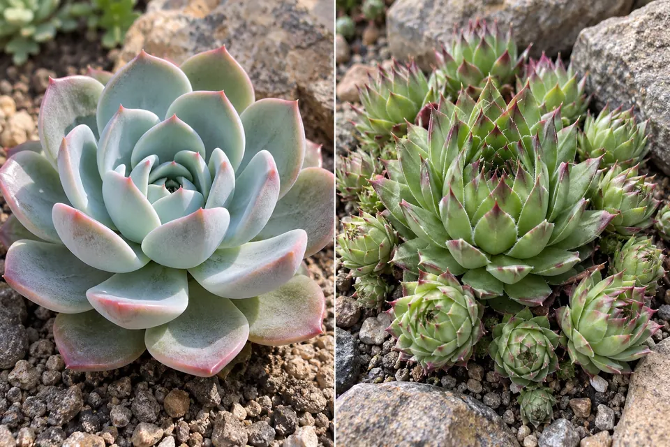 Feuilles lisses en forme de cuillère d’échéveria, à côté de rosettes pointues de joubarbes entourées de rejets.