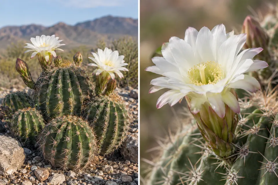 Fleurs blanches de cactus présentées avec la plante épineuse et une vue rapprochée de leur point d’attache.