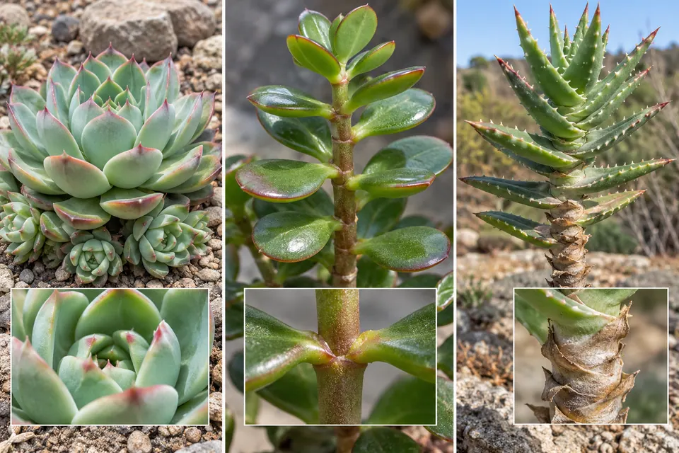 Rosette de succulente avec ses rejets, une paire de feuilles de jade et une tige d’aloès portant d’anciennes cicatrices foliaires.