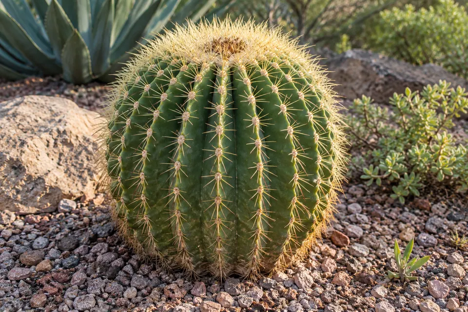 Cactus baril entier, dont le contour arrondi, les côtes et les touffes d’épines sont bien visibles.