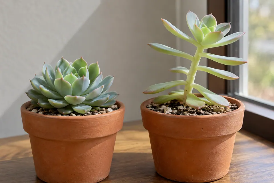 Rosette compacte de succulente à côté d’une plante pâle et étirée, avec de longs espaces entre ses feuilles.