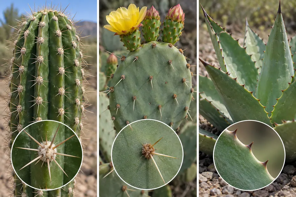 Touffes d’épines de cactus sortant d’aréoles, comparées à des dents le long du bord d’une feuille d’agave.