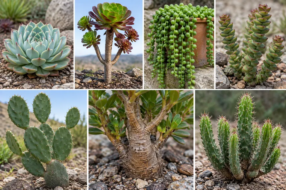 Rosette basse, tiges ligneuses ramifiées, feuilles retombantes en forme de perles, feuilles superposées et articles de cactus articulés.