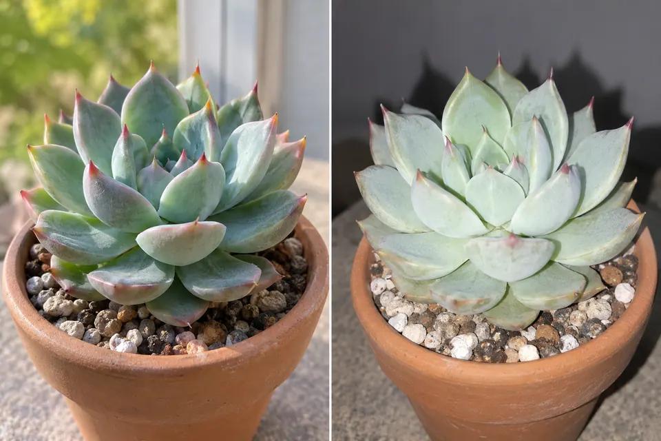 Texture d’une feuille de succulente à la lumière douce d’une fenêtre, comparée à une photo délavée au flash direct.