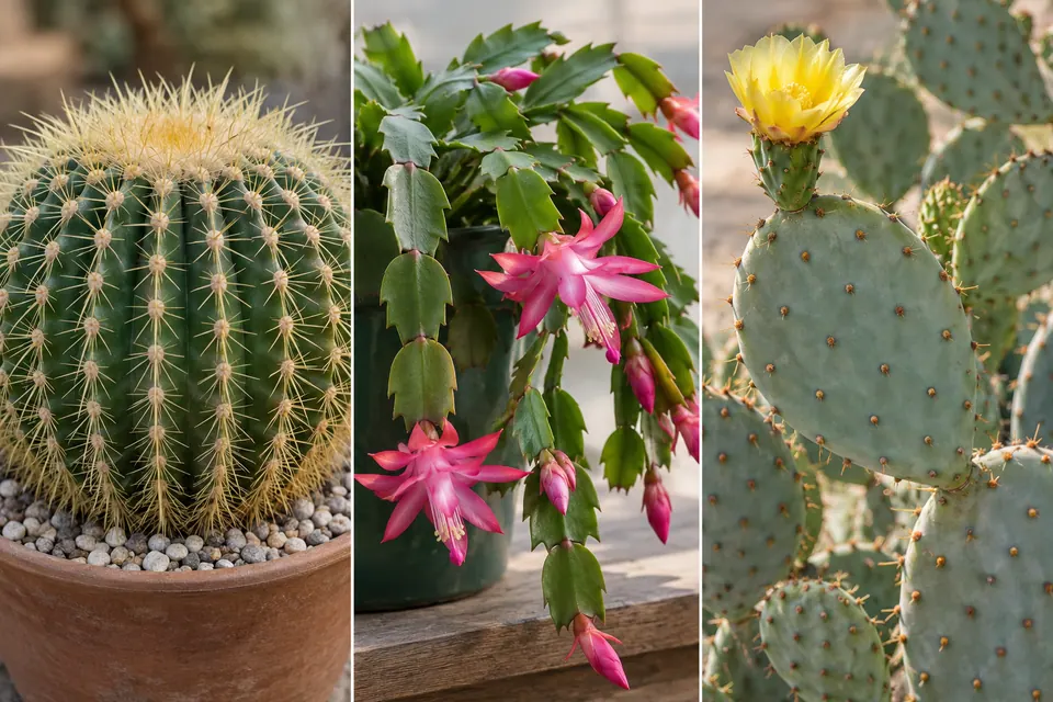 Cactus rond côtelé, cactus de Noël en fleur aux segments plats et figuier de Barbarie aux articles articulés.