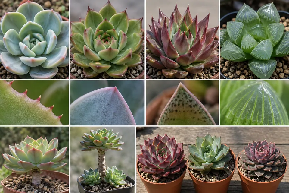 Formes de feuilles de succulentes, enduit poudreux, dents marginales, fenêtres foliaires translucides et croissance en rosette.
