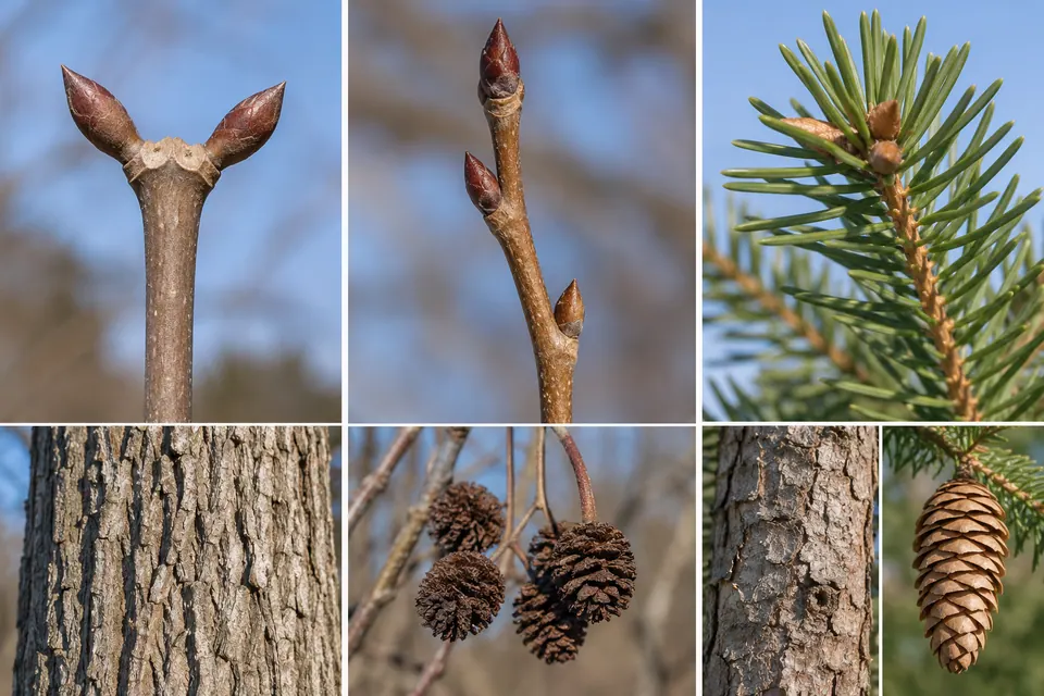Gemme su rami spogli, trama della corteccia e coni persistenti offrono indizi invernali sull'albero.