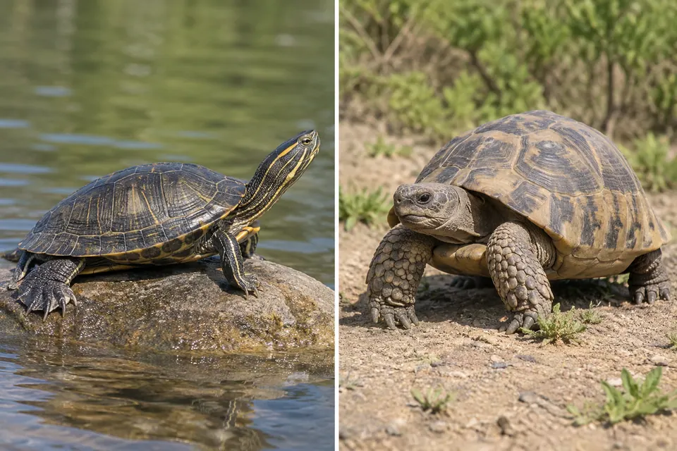 Tortue aquatique à carapace basse à côté d’une tortue terrestre bombée aux pattes épaisses faites pour marcher.