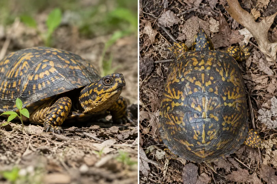 Tortue-boîte photographiée naturellement de côté et de dessus, parmi des feuilles sèches.
