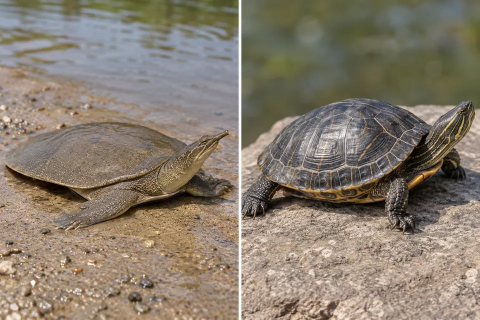 Trionyx très plat à côté d’une tortue dont la carapace présente des écailles nettement séparées.