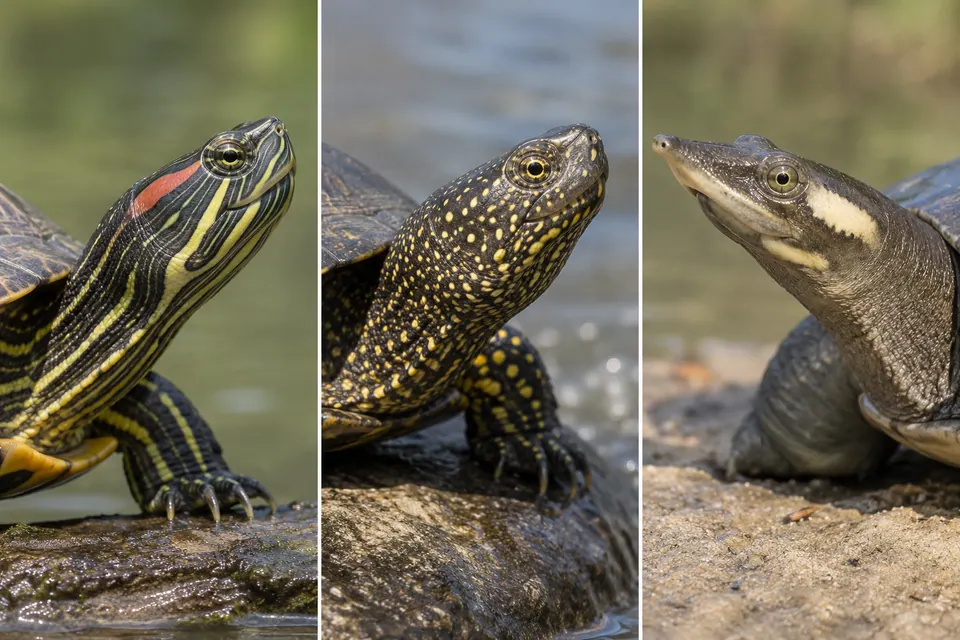 Têtes de tortues montrant des rayures jaunes, de petites taches pâles et un museau long et pointu.