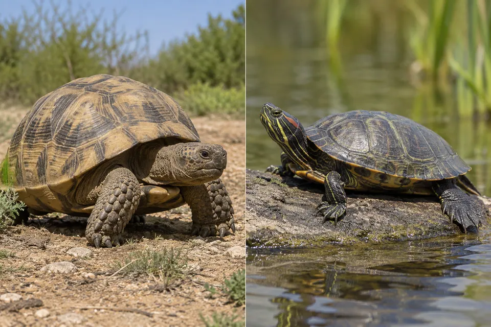 Tortue terrestre bombée sur un sol sec, à côté d’une tortue plus plate au bord de l’eau.