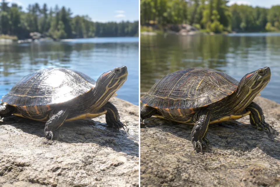 Un reflet qui masque le motif de la carapace d’une tortue, comparé à une vue plus nette sous un autre angle.