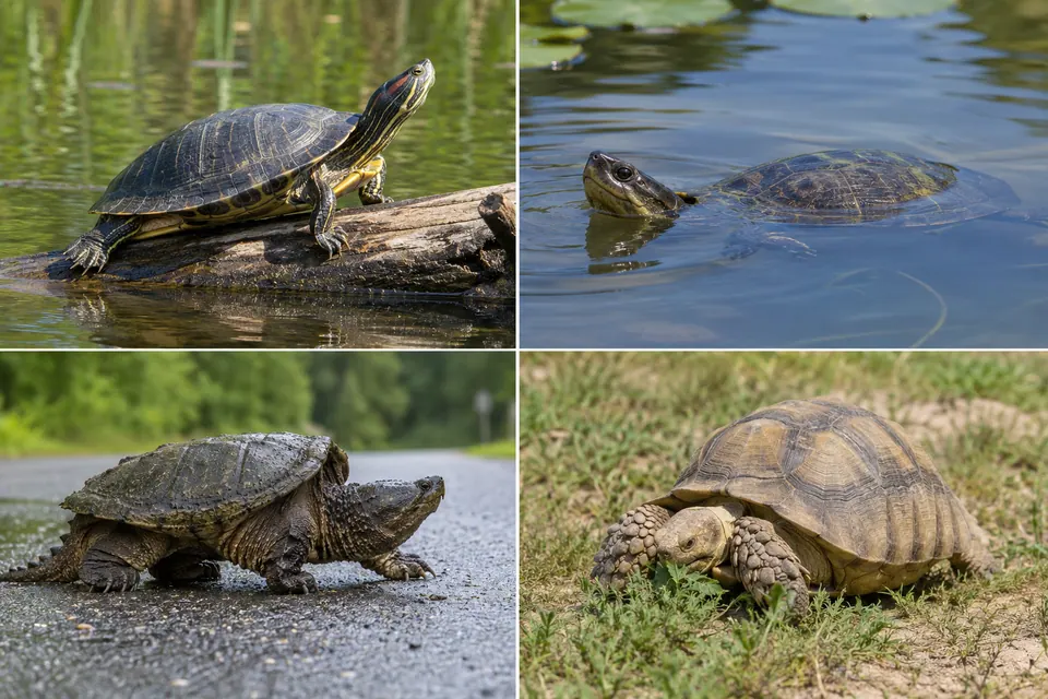 Tortues qui se chauffent, nagent et traversent un sol humide, avec une tortue terrestre qui broute sur la terre ferme.