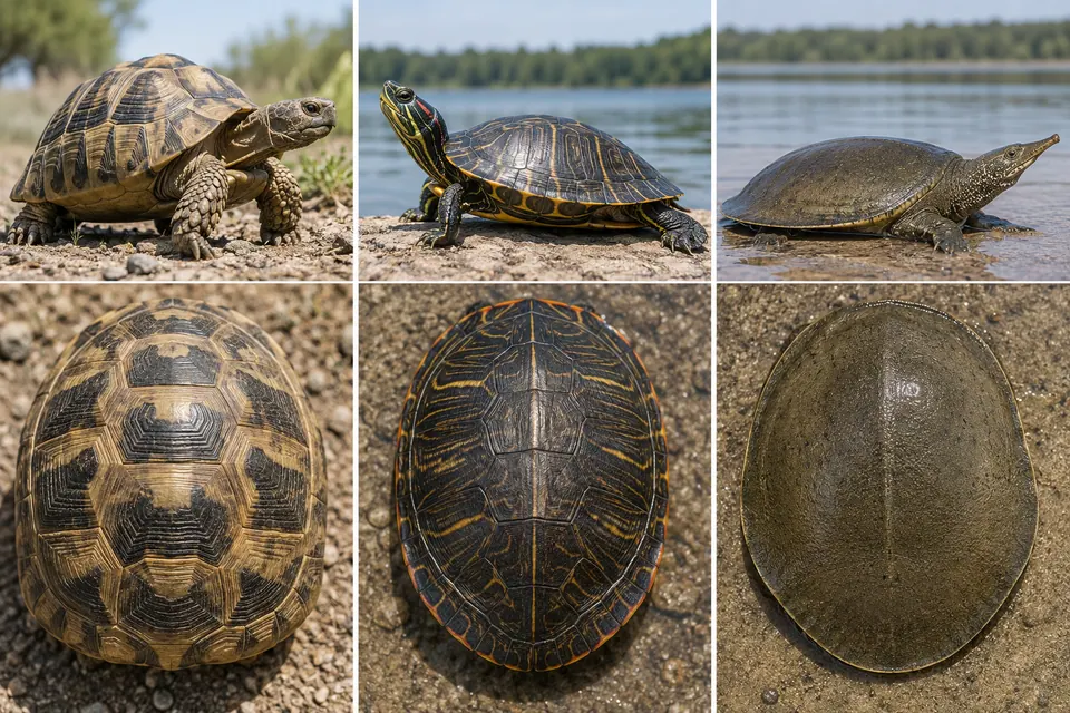 Tortue terrestre bombée, tortue d’étang plus plate et trionyx vus de dessus avec les détails de leur carapace.