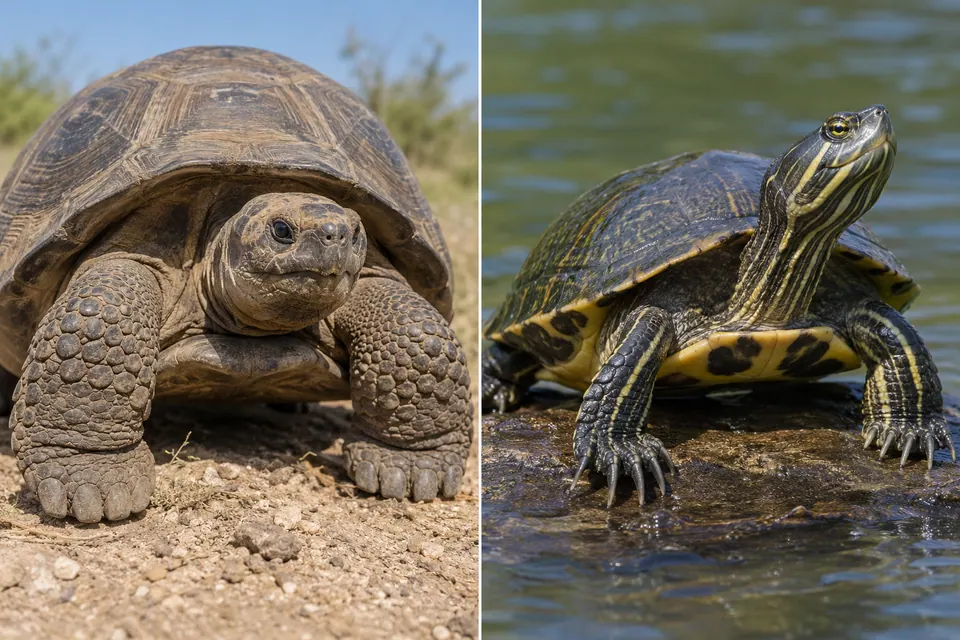 Pieds écailleux et trapus d’une tortue terrestre, à côté des orteils griffus d’une tortue aquatique.