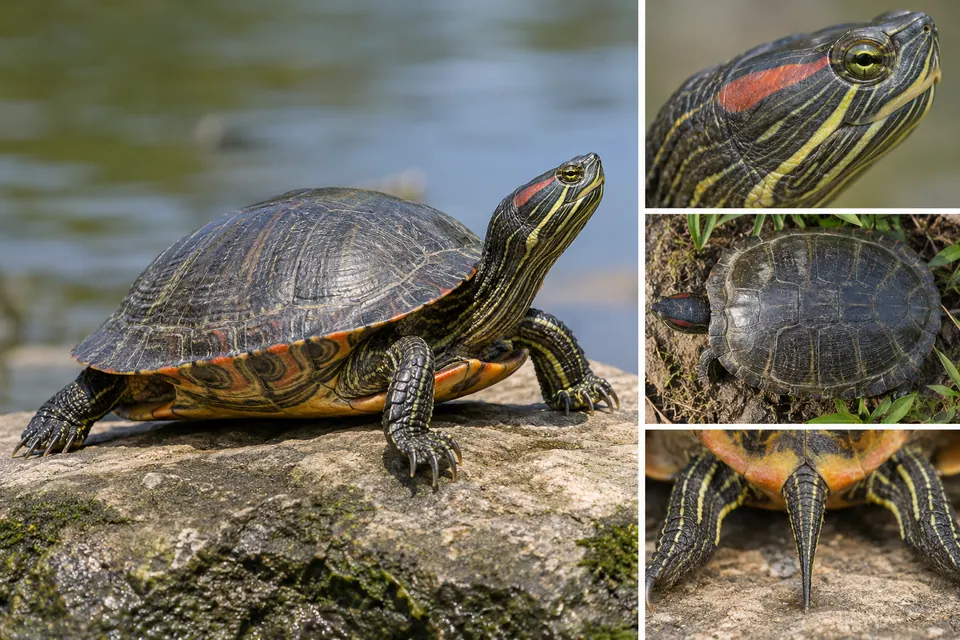 Tortue entière, avec des vues rapprochées séparées des rayures de la tête, de la carapace et de la queue.