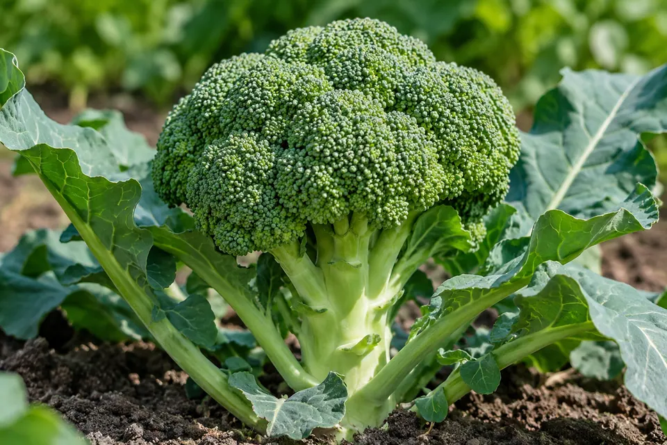 Una singola testa di broccolo ben inquadrata sulla pianta in crescita, con il gambo ramificato visibile.