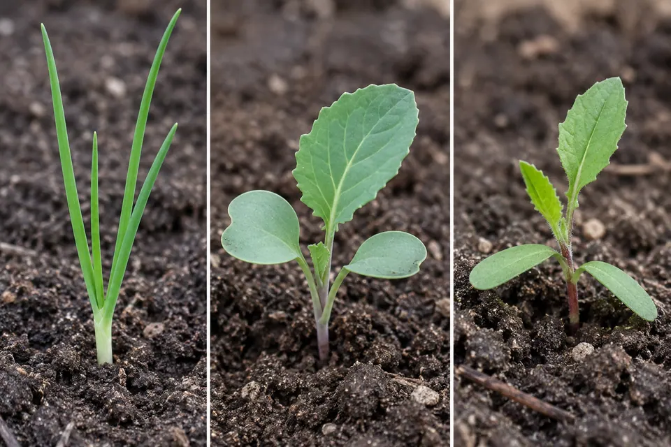 Una piantina di cipolla sottile e due giovani piantine di brassicacee che mostrano i cotiledoni e le prime foglie vere in crescita.