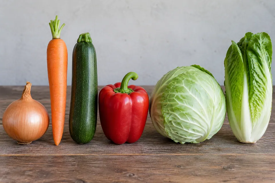 Una cipolla, una carota affusolata, una zucchina cilindrica, un peperone, un cavolo cappuccio e una lattuga allungata.