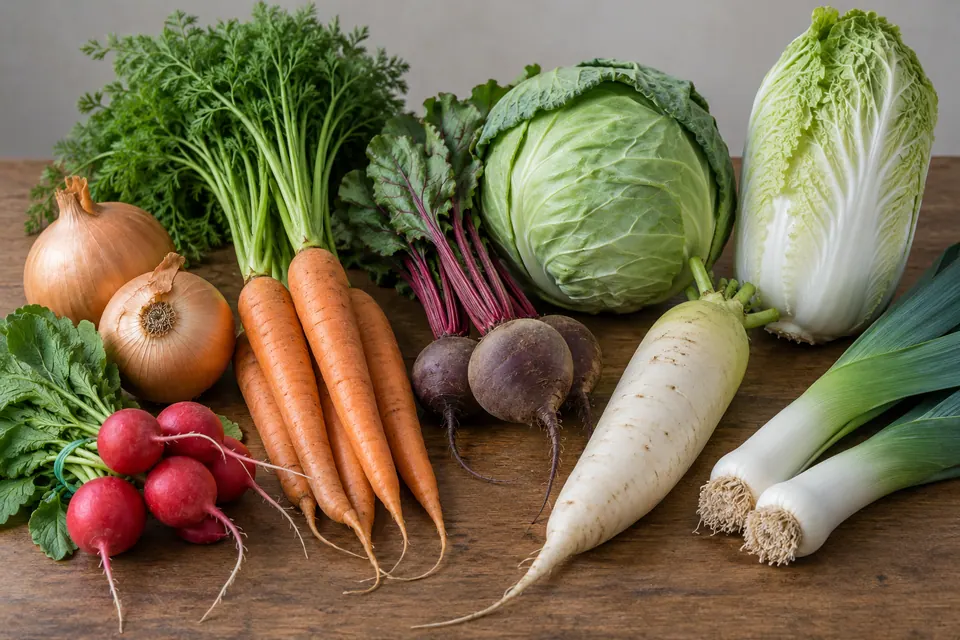 Ortaggi interi del mercato, tra cui cipolle, ravanelli, carote, barbabietole, cavoli, daikon e porri.