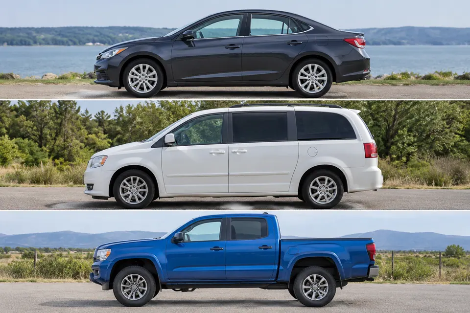 Profili laterali di una berlina bassa, di un minivan alto e di un pick-up con cassone aperto, che mostrano linee del tetto e forme della carrozzeria molto diverse.
