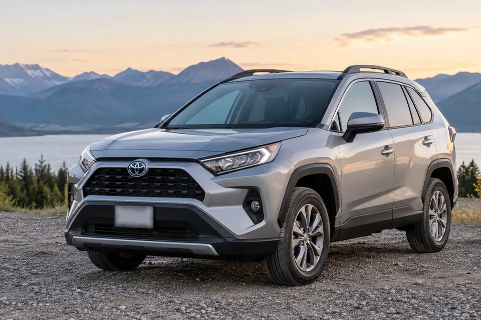 Un SUV argento ben inquadrato di tre quarti anteriore, con tutta la carrozzeria visibile e nessun carattere leggibile sulla targa anteriore.