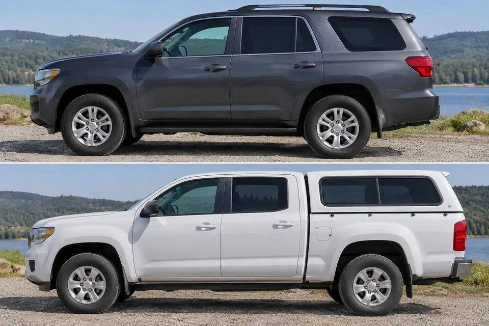 Un SUV scuro con abitacolo continuo viene confrontato con un pick-up bianco la cui cabina e il cassone coperto formano sezioni separate.
