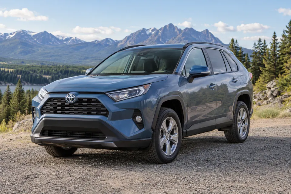 Un SUV blu ripreso di tre quarti anteriore, con griglia, fari, finestrini laterali e le due ruote del lato più vicino ben visibili.