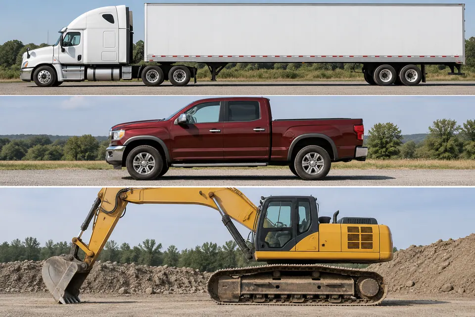 Un autoarticolato con più assi, un pick-up a due assi e un'escavatrice cingolata messi a confronto in vista laterale completa.